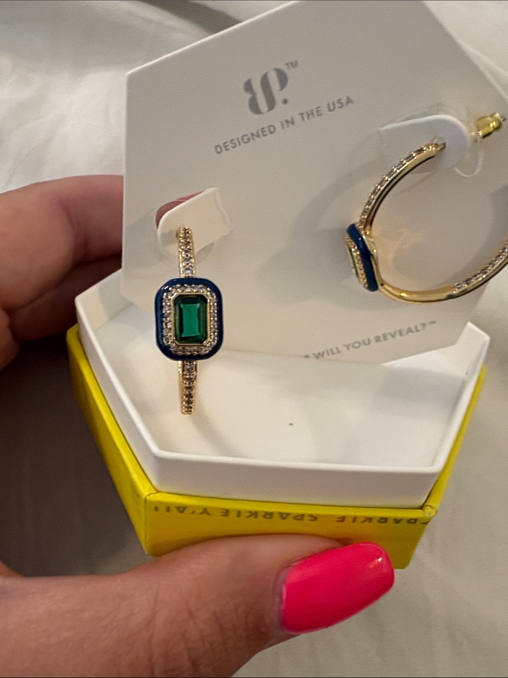 Gold Hoop Earrings with Emerald Green Stone and Blue Enamel